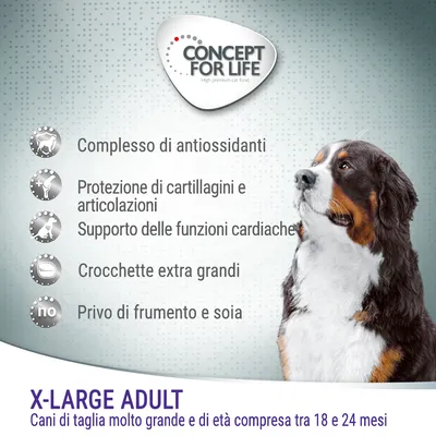 Concept for Life. Complesso di antiossidanti, protezione di cartilagini e articolazioni, supporto delle funzioni cardiache, crocchette extra grandi, privo di frumento e soia. X-Large Adult: cani di taglia molto grande 18–24 mesi. Concept for Life. Complesso di antiossidanti, protezione di cartilagini e articolazioni, supporto delle funzioni cardiache, crocchette extra grandi, privo di frumento e soia. X-Large Adult: cani di taglia molto grande 18–24 mesi.