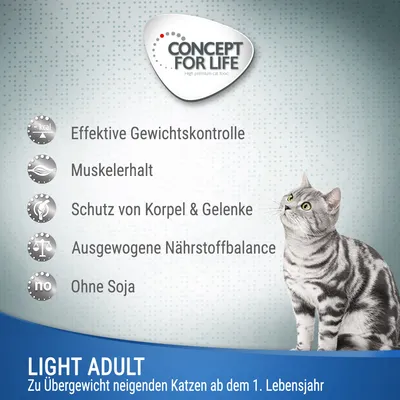 Concept for Life Light Adult. Effektive Gewichtskontrolle, Muskelerhalt, Schutz von Knorpel & Gelenke, ausgewogene Nährstoffbalance, ohne Soja. Für Katzen ab dem 1. Lebensjahr.