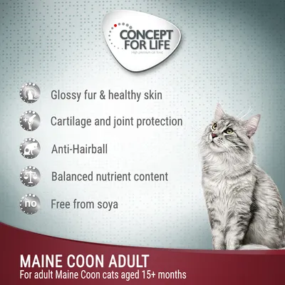 Concept for Life Maine Coon Adult features: glossy fur and healthy skin, cartilage and joint protection, anti-hairball, balanced nutrient content, free from soya. For cats aged 15+ months.