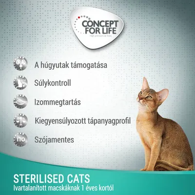 Concept for Life STERILISED CATS, ivartalanított macskáknak 1 éves kortól. A húgyutak támogatása, súlykontroll, izommegtartás, kiegyensúlyozott tápanyagprofil, szójamentes.