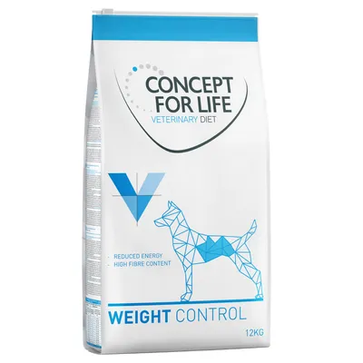Concept for Life Veterinary Diet Weight Control, 12kg. Energie redusă, conținut ridicat de fibre. Ambalaj cu design geometric de câine și logo V albastru.