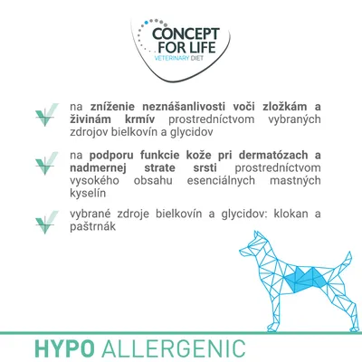 CONCEPT FOR LIFE VETERINARY DIET. Na zníženie neznášanlivosti voči zložkám krmív, podpora funkcie kože pri dermatózach, zdroje bielkovín: klokan a paštrnák. HYPO ALLERGENIC.
