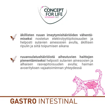 Concept for Life Veterinary Diet. Äkillisten ruuan imeytymishäiriöiden vähentämiseksi ja ruuansulatushäiriöistä aiheutuvien haittojen pienentämiseksi. GASTRO INTESTINAL.