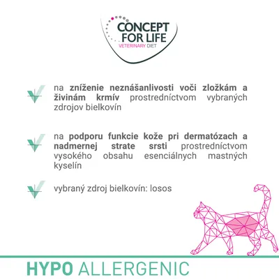 CONCEPT FOR LIFE VETERINARY DIET. Na zníženie neznášanlivosti voči zložkám krmív, podpora funkcie kože pri dermatózach, vybraný zdroj bielkovín: losos. HYPO ALLERGENIC. CONCEPT FOR LIFE VETERINARY DIET. Na zníženie neznášanlivosti voči zložkám krmív, podpora funkcie kože pri dermatózach, vybraný zdroj bielkovín: losos. HYPO ALLERGENIC.