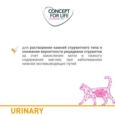Concept for Life Veterinary Diet. Для растворения камней струвитного типа и снижения вероятности рецидивов стуравитов; при заболеваниях нижних мочевыводящих путей. URINARY.