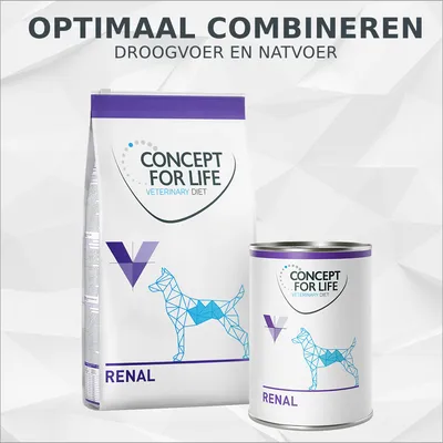 Concept for Life Veterinary Diet RENAL droogvoer en natvoer voor honden. Tekst: Optimaal combineren, droogvoer en natvoer.