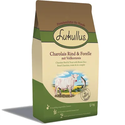 Opakowanie Lukullus Charolais Rind & Forelle mit Vollkornreis, 1,5 kg. Widoczne teksty: Premiumfutter für Hunde, Charolais Beef & Trout with Brown Rice, 19 sorgfältig ausgewählte Zutaten.