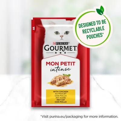 Gourmet Mon Petit Intense with chicken, designed to be recyclable pouches. For more information, visit purina.eu/packaging.