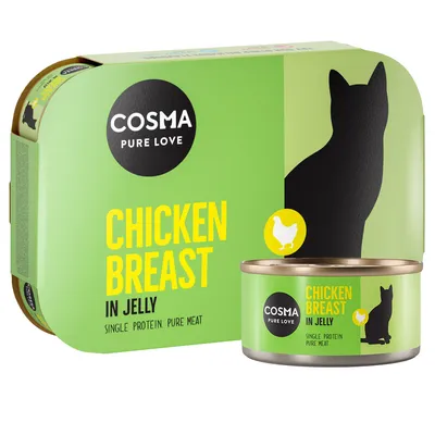 Cosma Pure Love Chicken Breast in Jelly. Single Protein, reines Fleisch. Grünes Verpackungsdesign mit schwarzer Katzensilhouette und Huhn-Symbol.