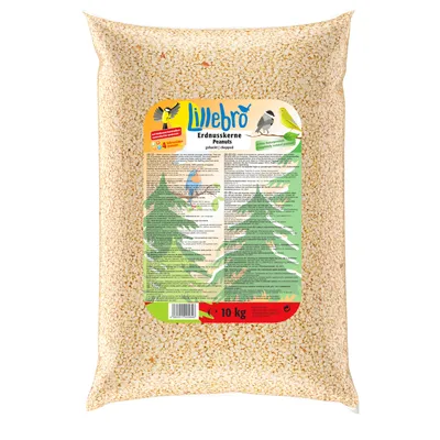 Lillebro drcená jádra arašídů, 10 kg. Balení s informacemi o produktu a ilustrací ptáků a stromů.