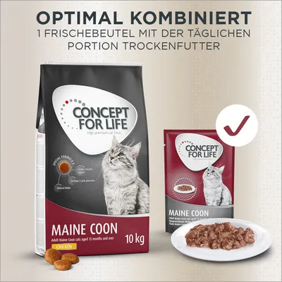Concept for Life Maine Coon Trockenfutter 10kg und Nassfutter. Optimal kombiniert: 1 Frischebeutel mit der täglichen Portion Trockenfutter. Spezielle Formel für Herz- und Gelenkgesundheit.