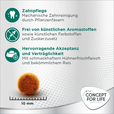Zahnpflege durch Pflanzenfasern, frei von künstlichen Aromastoffen, hervorragende Akzeptanz mit Hühnerfrischfleisch und Reis. Krokettengrösse: 10 mm. Marke: Concept for Life.
