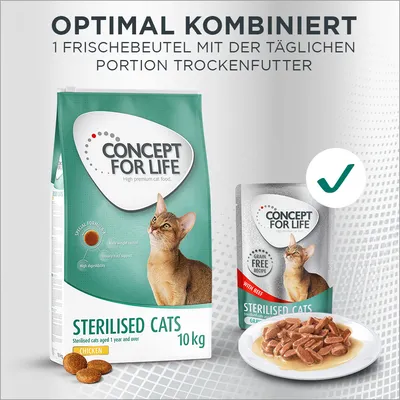 Concept for Life Sterilised Cats Trockenfutter 10kg mit Chicken und Frischebeutel Nassfutter Grain Free mit Beef. Optimal kombiniert für sterilisierte Katzen ab 1 Jahr.