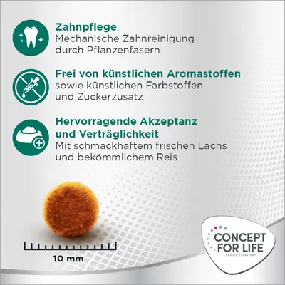 Zahnpflege durch Pflanzenfasern, frei von künstlichen Aromastoffen, hervorragende Akzeptanz mit frischem Lachs und Reis. Grösse: 10 mm. Concept for Life Logo sichtbar.