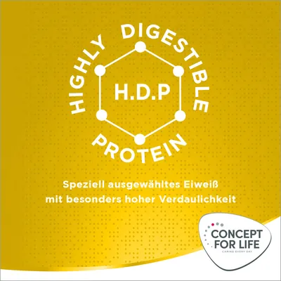 Highly Digestible Protein (H.D.P). Speziell ausgewähltes Eiweiss mit besonders hoher Verdaulichkeit. Concept for Life Logo unten rechts.