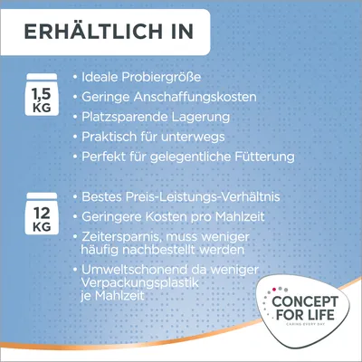 Erhältlich in 1,5 kg: ideale Probiergröße, praktisch für unterwegs. Erhältlich in 12 kg: bestes Preis-Leistungs-Verhältnis, umweltschonend durch weniger Verpackungsplastik je Mahlzeit.