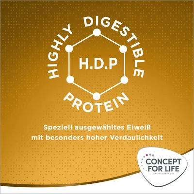 Highly Digestible Protein (H.D.P). Speziell ausgewähltes Eiweiss mit besonders hoher Verdaulichkeit. Concept for Life - Caring Every Day.