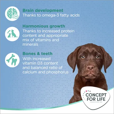 Tekst na engleskom: Brain development thanks to omega-3 fatty acids; Harmonious growth thanks to increased protein content and appropriate mix of vitamins and minerals; Bones & teeth with increased vitamin D3 content and balanced ratio of calcium and phosphorus. Concept for Life.