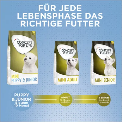 Concept for Life Hundefutter für jede Lebensphase: Mini Puppy & Junior bis 10 Monate, Mini Adult ab 10 Monaten, Mini Senior ab dem 8. Lebensjahr.