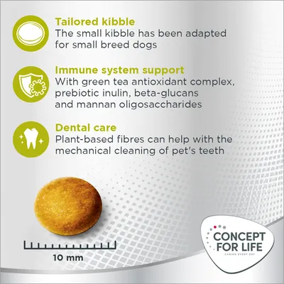 CONCEPT FOR LIFE. Tailored kibble, immune system support, dental care. Prikaz okrugle granule promjera 10 mm. Tekst na engleskom jeziku.