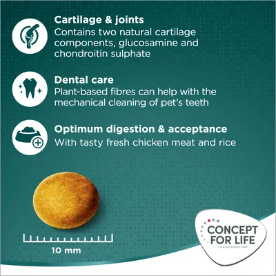 Key features: supports cartilage and joints with glucosamine and chondroitin sulphate, aids dental care with plant-based fibres, promotes digestion with chicken and rice. Kibble size 10mm.