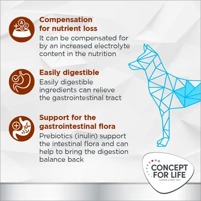 Compensation for nutrient loss with increased electrolytes, easily digestible ingredients to relieve the gastrointestinal tract, and prebiotics supporting intestinal flora balance.