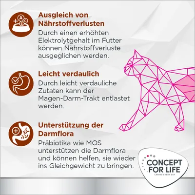 Texte en allemand : Ausgleich von Nährstoffverlusten, Leicht verdaulich, Unterstützung der Darmflora. Logo Concept for Life. Informations sur les bienfaits de l’aliment pour chats.
