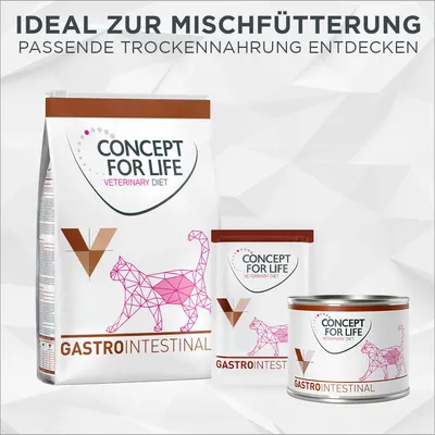 Concept for Life Veterinary Diet GASTROINTESTINAL pour chat, croquettes et pâtée. Texte en haut : IDEAL ZUR MISCHFÜTTERUNG PASSENDE TROCKENNAHRUNG ENTDECKEN (allemand).