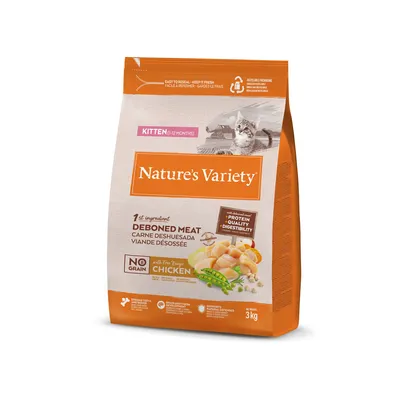 Sac de croquettes Nature’s Variety pour chaton (0–12 mois), viande désossée, poulet élevé en plein air, sans céréales, 3 kg. Mentions visibles : protéine, qualité, digestibilité.