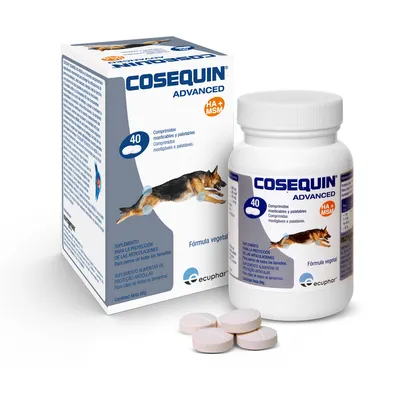 Cosequin Advanced, 40 comprimidos, HA+MSM, fórmula vegetal. Complemento para protección articular en perros. Envase y botella con comprimidos visibles.