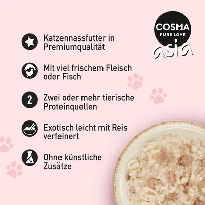 Cosma Asia Katzennassfutter: Premiumqualität, viel frisches Fleisch oder Fisch, zwei tierische Proteinquellen, exotisch mit Reis verfeinert, ohne künstliche Zusätze.