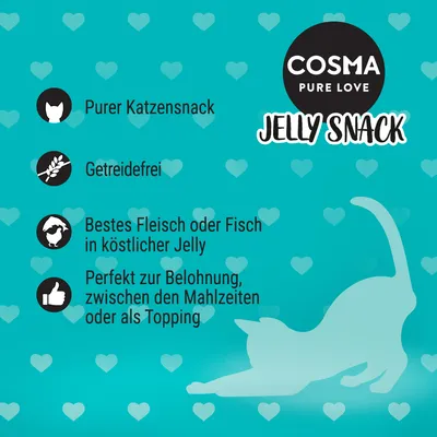 Cosma Pure Love Jelly Snack. Чистый лакомство для кошек, без зерна, лучшее мясо или рыба в вкусном желе, идеально для поощрения, между приёмами пищи или как топпинг.