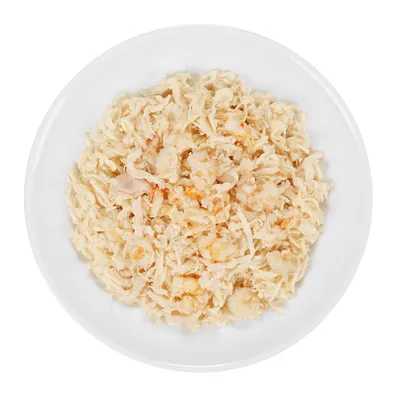 Plato blanco con comida húmeda desmenuzada de color claro, presentada en forma de hebras. No se observan marcas ni envases.