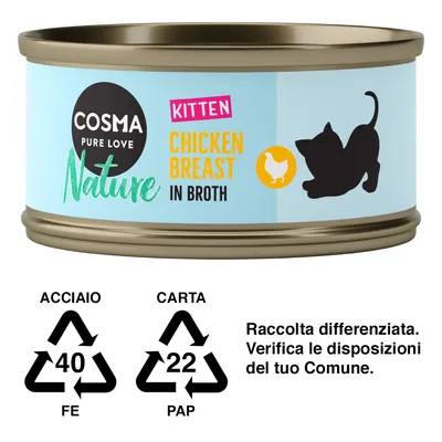 Cosma Pure Love Nature Kitten Chicken Breast in Broth, lattina con silhouette di gattino. Simboli raccolta differenziata: acciaio 40 FE, carta 22 PAP. Raccolta differenziata: verifica disposizioni locali.