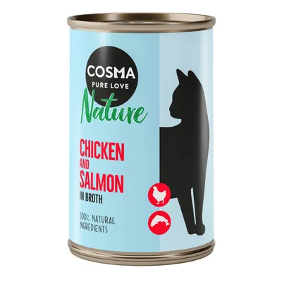 Cosma Pure Love Nature, kip en zalm in bouillon, 100% natuurlijke ingrediënten. Afbeelding van een zwarte kattensilhouet en iconen voor kip en vis.