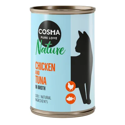 Cosma Nature kip- en tonijnbouillon, 100% natuurlijke ingrediënten. Silhouet van een kat op lichtblauw blik.