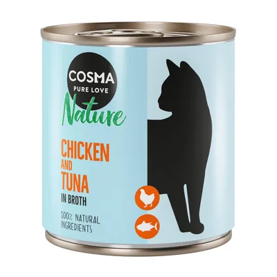 Cosma Nature Chicken and Tuna in Broth, 100% natuurlijke ingrediënten. Silhouet van een kat en iconen voor kip en tonijn.