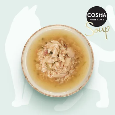 Cosma Pure Love Soup. En skål med soppa och köttbitar i ljus buljong visas.