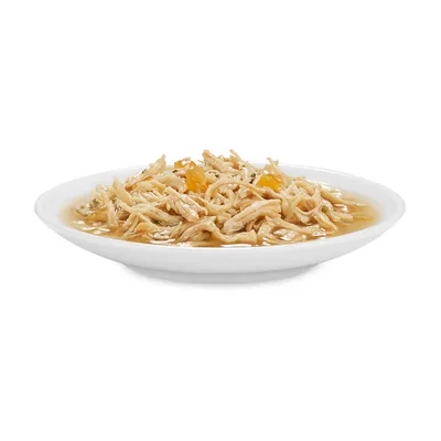 Porcia vlhkého krmiva pre domáce zvieratá na bielom tanieri, viditeľné kúsky mäsa v omáčke s malými oranžovými kúskami.