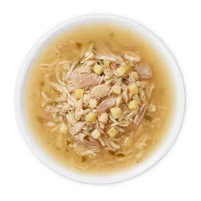 Nahaufnahme einer Schüssel mit Nassfutter, bestehend aus Fleischstücken und Gemüse in Brühe.