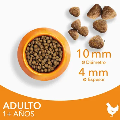 Pienso para adultos 1+ años, croquetas de 10 mm de diámetro y 4 mm de espesor, cuenco naranja con pienso y croquetas sueltas. Icono de pollo visible.