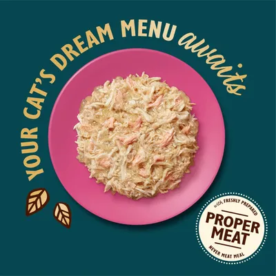 Text reads: Your cat’s dream menu awaits. Badge states: With freshly prepared proper meat, never meat meal. Shredded meat shown on a pink plate.