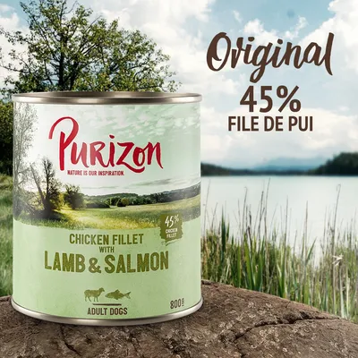 Conservă Purizon Original 800g, 45% file de pui, cu miel și somon. Text vizibil: 'Chicken fillet with lamb & salmon', pentru câini adulți. Ambalaj pe fundal natural.