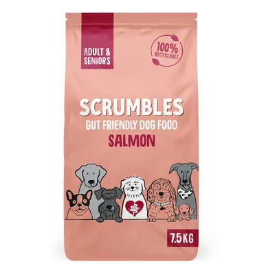 Scrumbles gut friendly dog food, salmon flavour for adult and senior dogs, 100% recyclable, 7.5kg pack