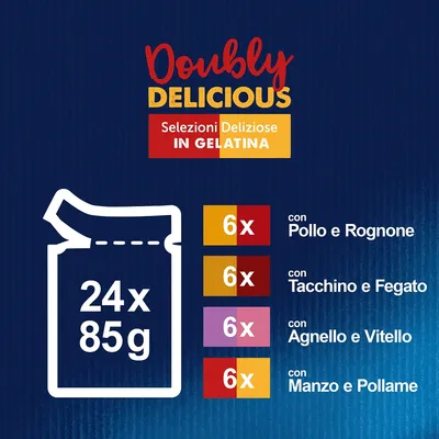 Doubly Delicious Selezioni Deliziose in Gelatina, 24x85g: 6x Pollo e Rognone, 6x Tacchino e Fegato, 6x Agnello e Vitello, 6x Manzo e Pollame.