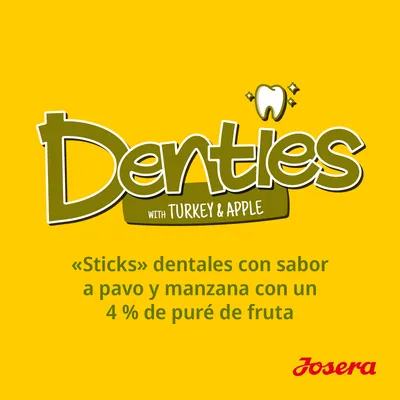Denties with turkey & apple. «Sticks» dentales con sabor a pavo y manzana con un 4 % de puré de fruta. Josera.