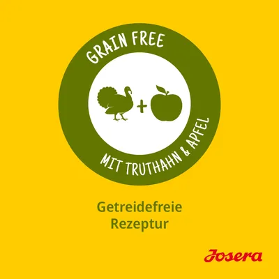 GRAIN FREE MIT TRUTHAHN & APFEL, Getreidefreie Rezeptur, Josera. Texte en allemand indiquant une recette sans céréales avec dinde et pomme.