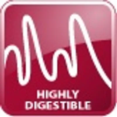 HIGHLY DIGESTIBLE (αγγλικό κείμενο) σε κόκκινο φόντο με λευκή κυματοειδή γραμμή. Ενδεικτικό για εύπεπτο προϊόν.