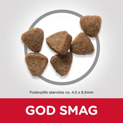 Foderpille størrelse ca. 4.5 x 8.5 mm. Tekst: GOD SMAG