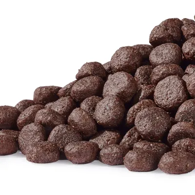 Zbliżenie na brązowe, okrągłe kawałki suchej karmy w stosie.